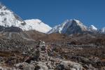 The Polish Lhotse South Face memorial chorten with Island Peak on the right
